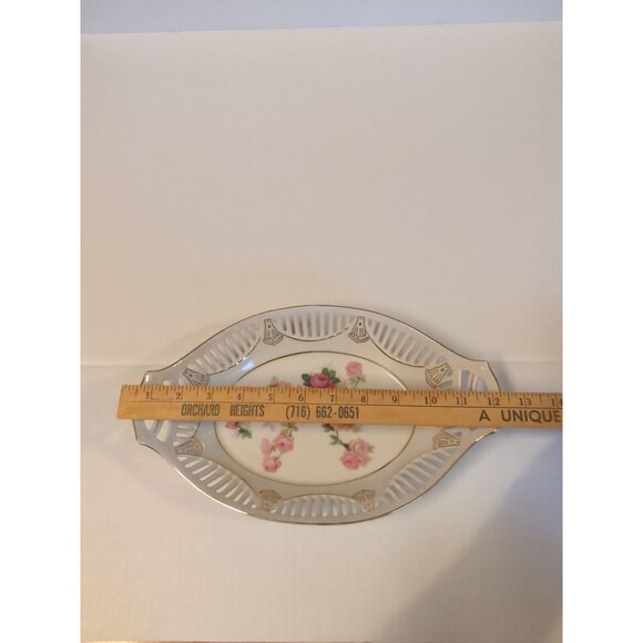 Bavaria German Reticulated Serving Bowl Dish Rose Floral Oval Double Handled - Picture 9 of 10